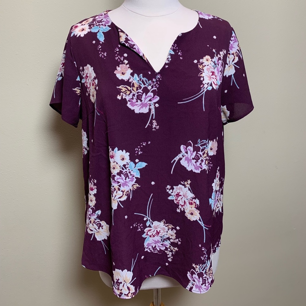 Renee C purple floral short sleeve top